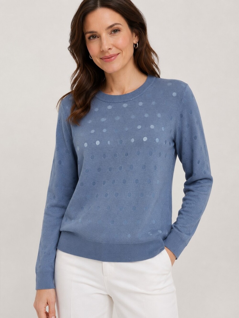 NWT Karl Lagerfeld Paris Women's Blue Polka Dot Jacquard Crew Neck Sweater L